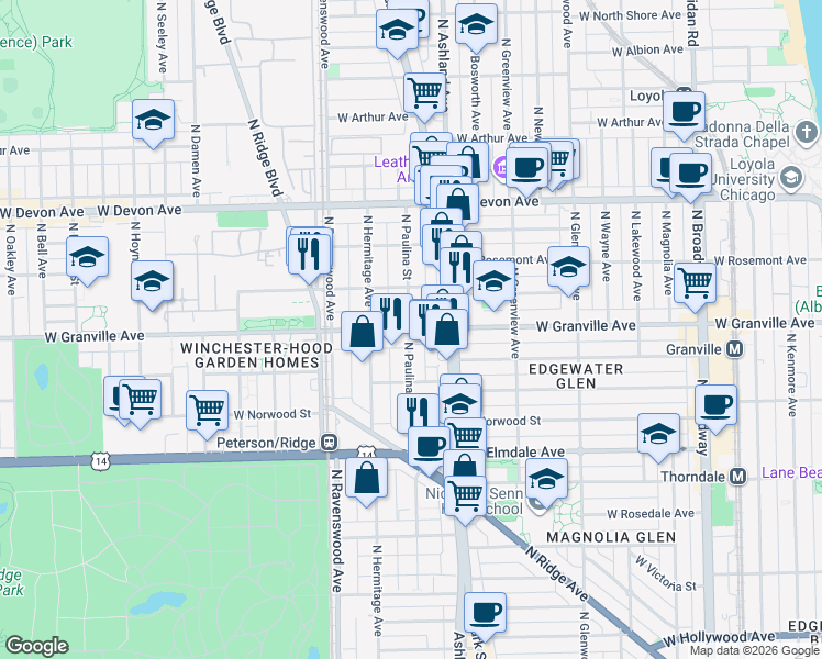map of restaurants, bars, coffee shops, grocery stores, and more near 6141 North Paulina Street in Chicago
