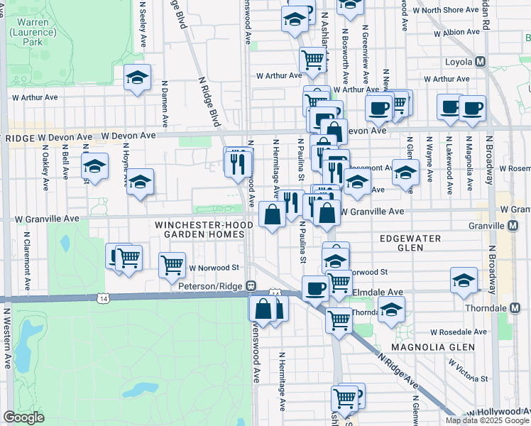 map of restaurants, bars, coffee shops, grocery stores, and more near 1743 West Granville Avenue in Chicago