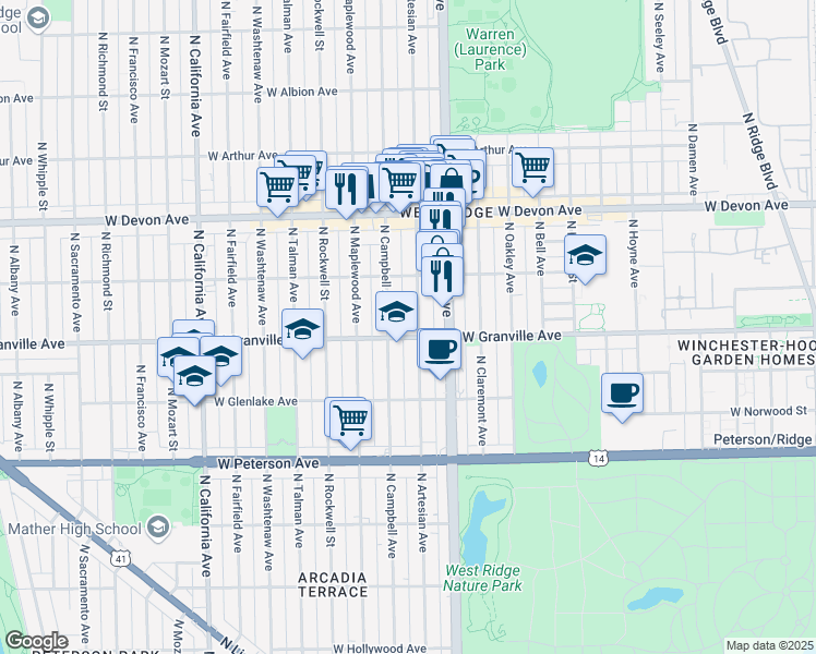 map of restaurants, bars, coffee shops, grocery stores, and more near 2441 West Granville Avenue in Chicago