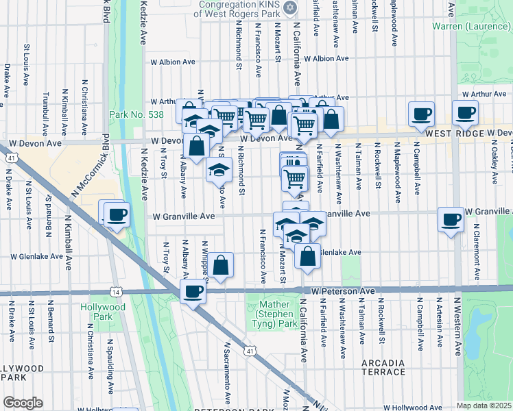 map of restaurants, bars, coffee shops, grocery stores, and more near 2903 West Granville Avenue in Chicago