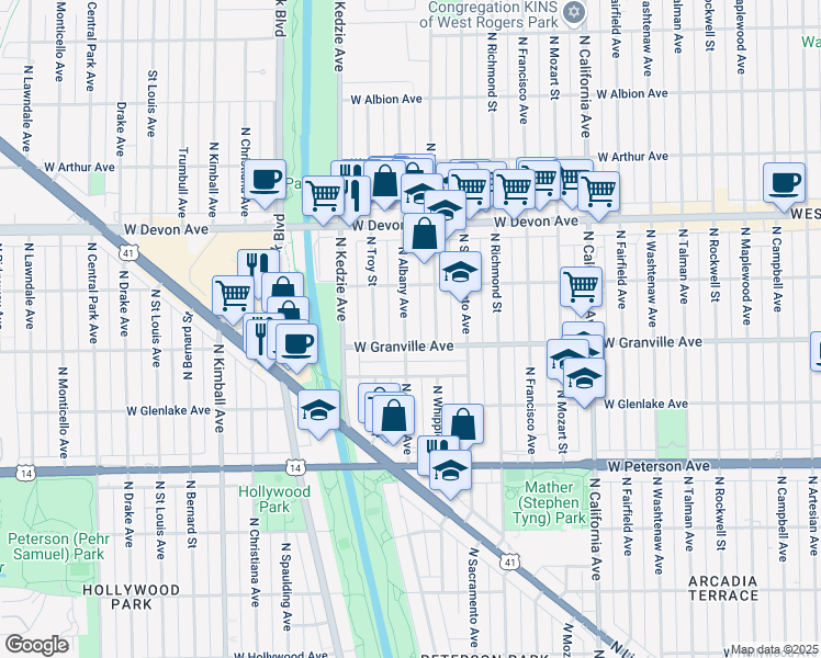 map of restaurants, bars, coffee shops, grocery stores, and more near 6201 North Albany Avenue in Chicago