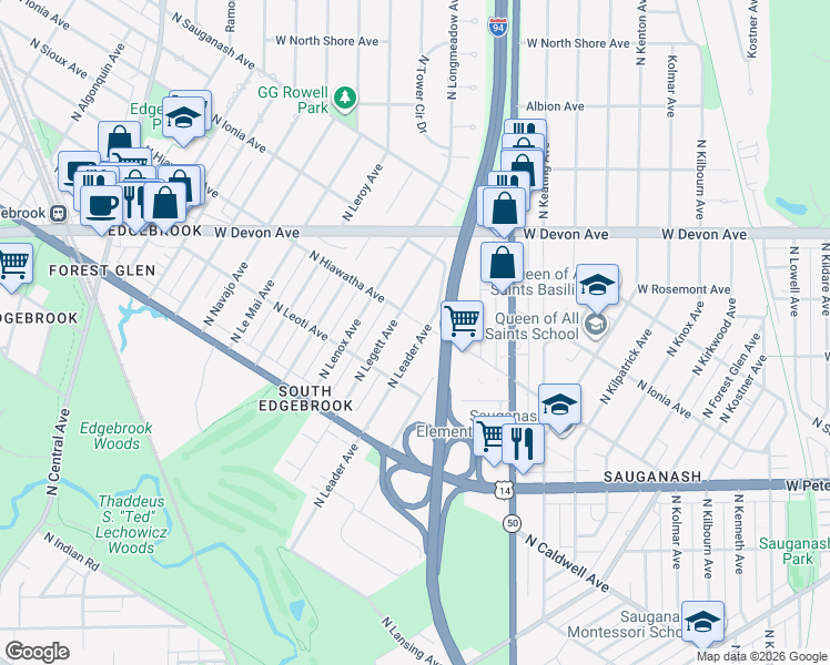 map of restaurants, bars, coffee shops, grocery stores, and more near 6247 North Leader Avenue in Chicago