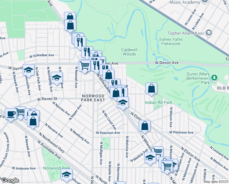 map of restaurants, bars, coffee shops, grocery stores, and more near 6201 North Milwaukee Avenue in Chicago