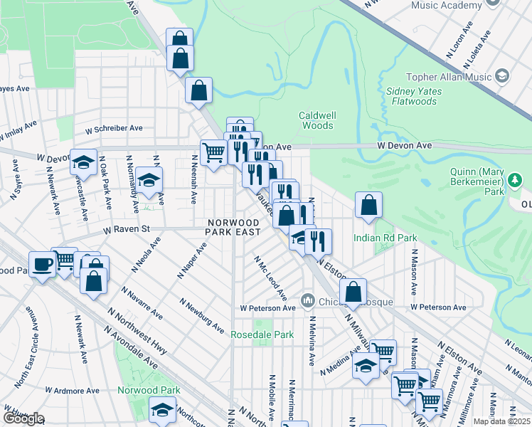 map of restaurants, bars, coffee shops, grocery stores, and more near 6325 West Raven Street in Chicago