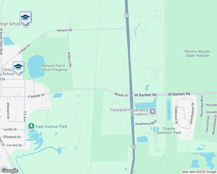 map of restaurants, bars, coffee shops, grocery stores, and more near Middle Street in South Elgin