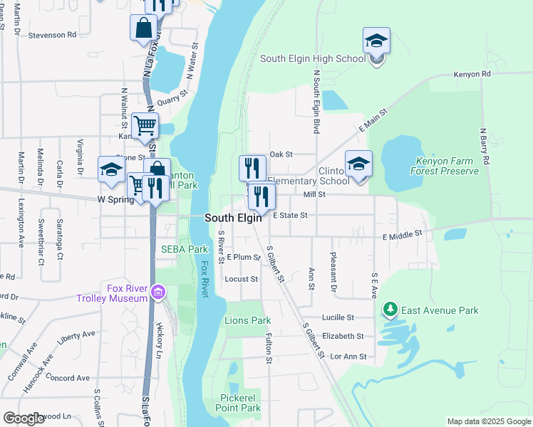 map of restaurants, bars, coffee shops, grocery stores, and more near 20 South Gilbert Street in South Elgin