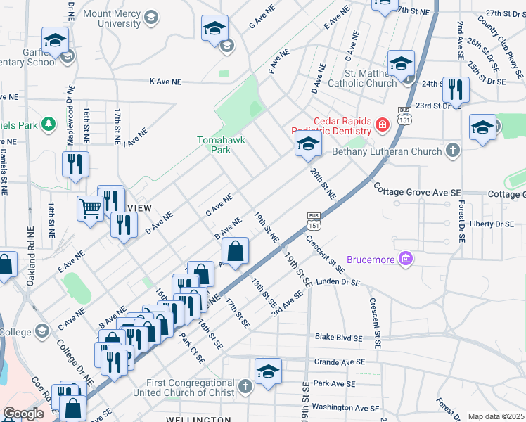 map of restaurants, bars, coffee shops, grocery stores, and more near 210 19th Street Northeast in Cedar Rapids