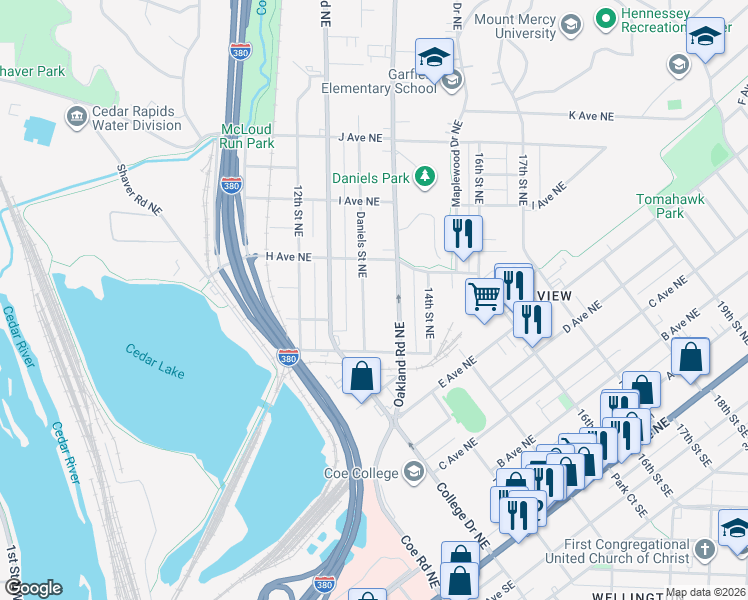 map of restaurants, bars, coffee shops, grocery stores, and more near 838 Daniels Street Northeast in Cedar Rapids