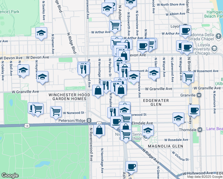 map of restaurants, bars, coffee shops, grocery stores, and more near 6141 North Paulina Street in Chicago