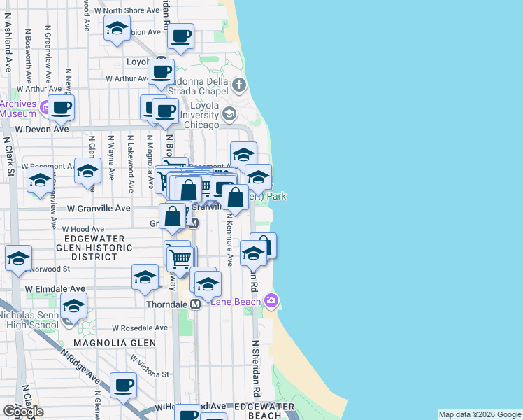 map of restaurants, bars, coffee shops, grocery stores, and more near 6171 North Sheridan Road in Chicago