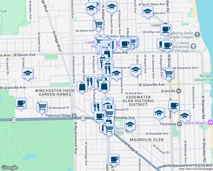 map of restaurants, bars, coffee shops, grocery stores, and more near North Clark Street & West Granville Avenue in Chicago