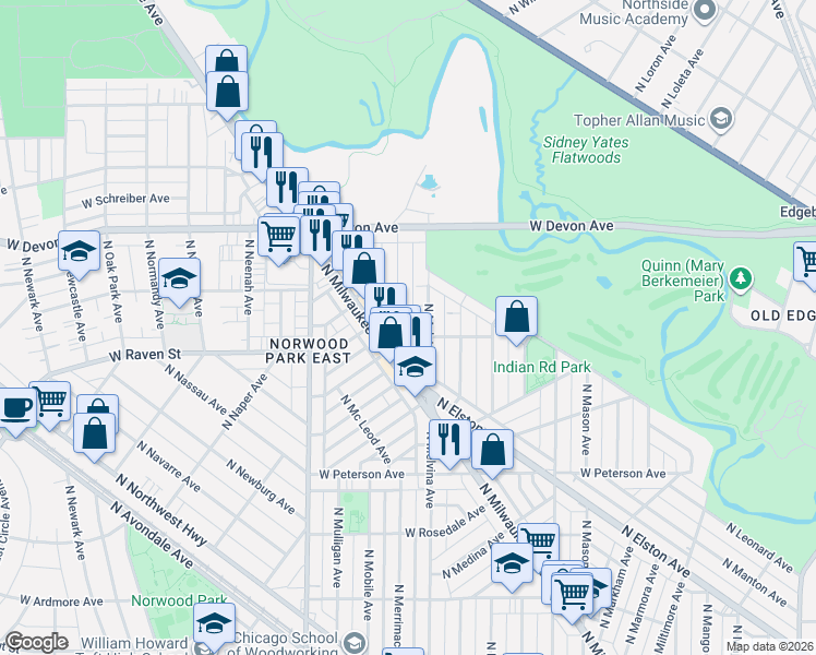 map of restaurants, bars, coffee shops, grocery stores, and more near 6170 North Melvina Avenue in Chicago