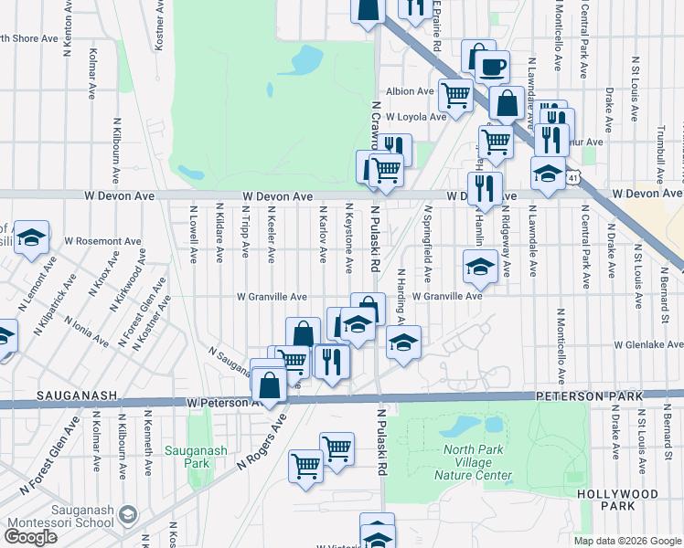 map of restaurants, bars, coffee shops, grocery stores, and more near 6208 North Keystone Avenue in Chicago
