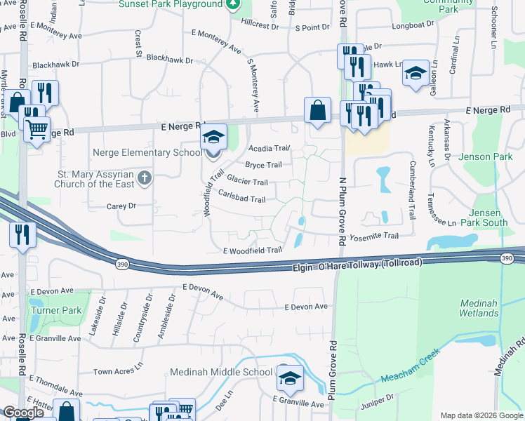 map of restaurants, bars, coffee shops, grocery stores, and more near 600 Sequoia Trail in Roselle
