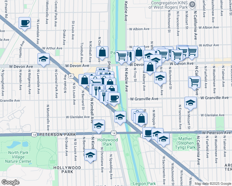 map of restaurants, bars, coffee shops, grocery stores, and more near 6057 North Lincoln Avenue in Chicago