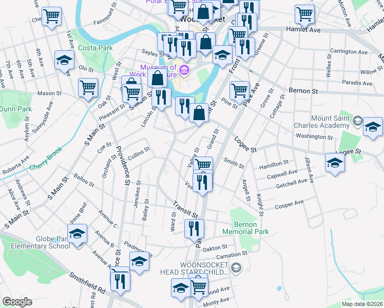 map of restaurants, bars, coffee shops, grocery stores, and more near 160 Valley Street in Woonsocket