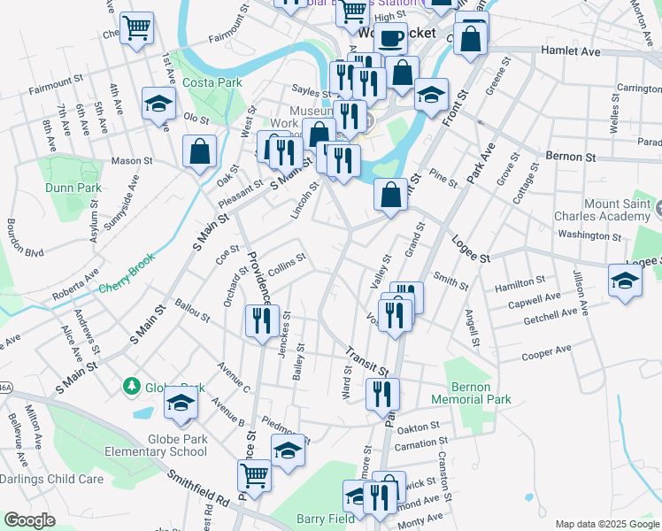 map of restaurants, bars, coffee shops, grocery stores, and more near 125 Vose Street in Woonsocket