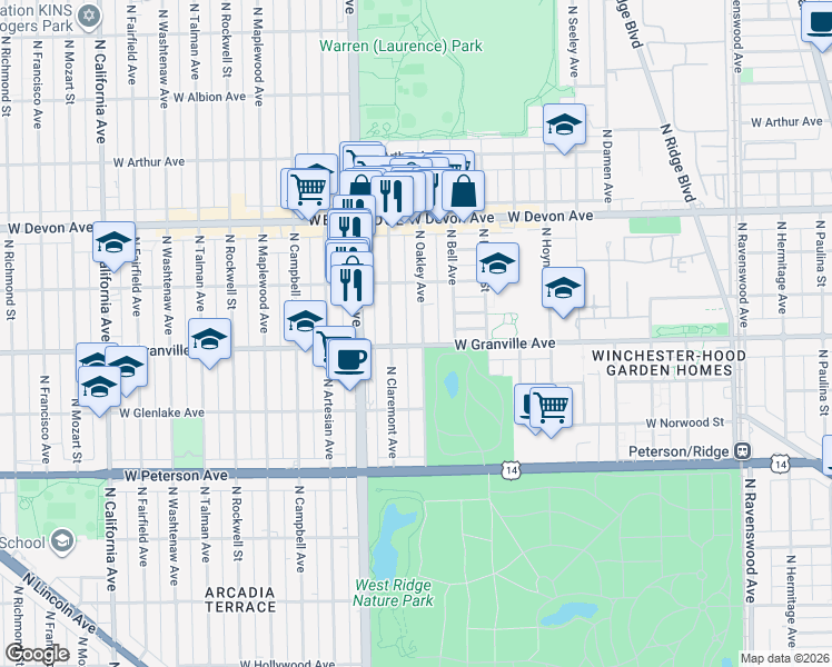 map of restaurants, bars, coffee shops, grocery stores, and more near 2250 West Granville Avenue in Chicago