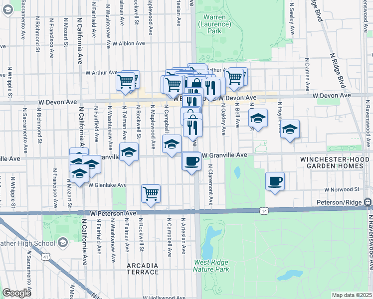 map of restaurants, bars, coffee shops, grocery stores, and more near 6156 North Western Avenue in Chicago