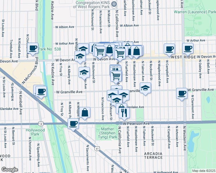 map of restaurants, bars, coffee shops, grocery stores, and more near 2818 West Granville Avenue in Chicago