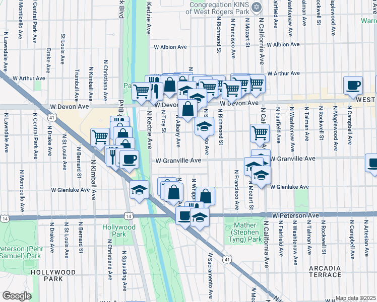 map of restaurants, bars, coffee shops, grocery stores, and more near 6201 North Albany Avenue in Chicago