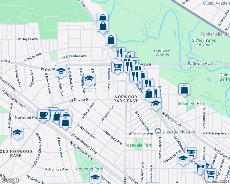 map of restaurants, bars, coffee shops, grocery stores, and more near 6436 West Raven Street in Chicago
