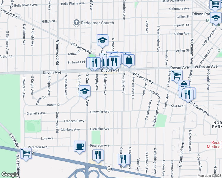 map of restaurants, bars, coffee shops, grocery stores, and more near 1330 Courtland Avenue in Park Ridge