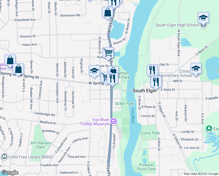 map of restaurants, bars, coffee shops, grocery stores, and more near 201 West State Street in South Elgin