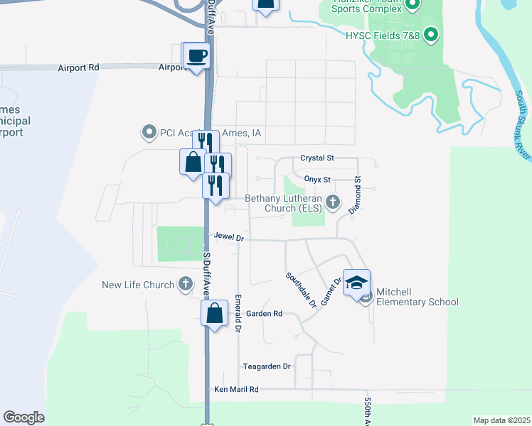 map of restaurants, bars, coffee shops, grocery stores, and more near 412 Opal Circle in Ames