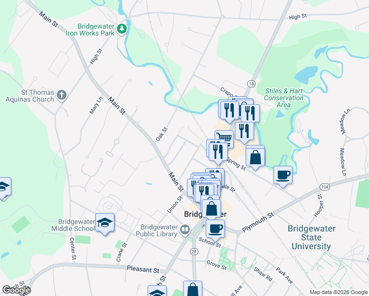 map of restaurants, bars, coffee shops, grocery stores, and more near 62 Pearl Street in Bridgewater