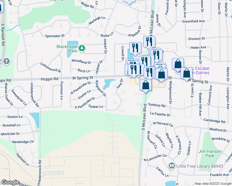 map of restaurants, bars, coffee shops, grocery stores, and more near 60c Ione Drive in South Elgin