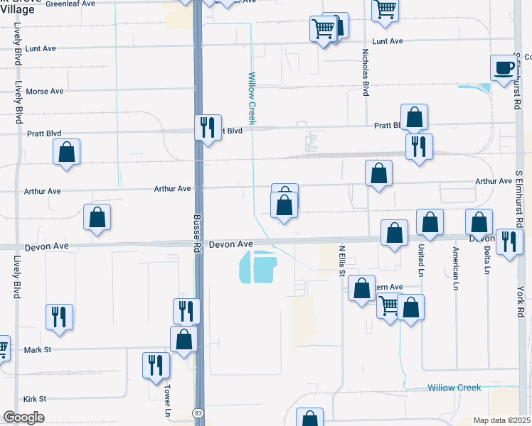 map of restaurants, bars, coffee shops, grocery stores, and more near 2299 Busse Road in Elk Grove Village