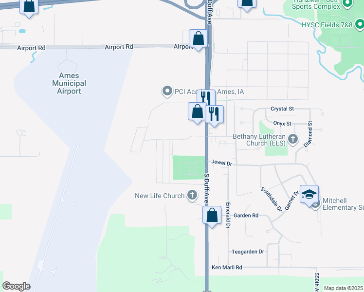 map of restaurants, bars, coffee shops, grocery stores, and more near 200 West Crystal Street in Ames