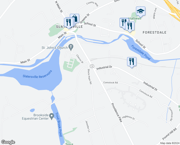 map of restaurants, bars, coffee shops, grocery stores, and more near 54 Black Plain Road in North Smithfield