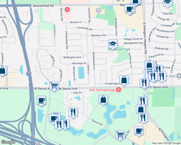 map of restaurants, bars, coffee shops, grocery stores, and more near 1332 Berkenshire Lane in Elk Grove Village