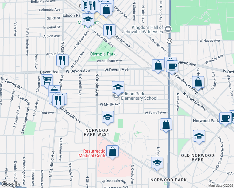 map of restaurants, bars, coffee shops, grocery stores, and more near 6220 North Olcott Avenue in Chicago