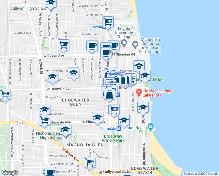 map of restaurants, bars, coffee shops, grocery stores, and more near N Broadway St & W Granville Ave in Chicago