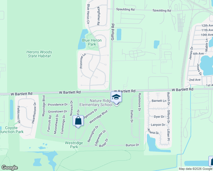 map of restaurants, bars, coffee shops, grocery stores, and more near 1932 Woodhaven Drive in Bartlett