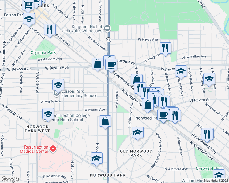 map of restaurants, bars, coffee shops, grocery stores, and more near 6223 North Neva Avenue in Chicago