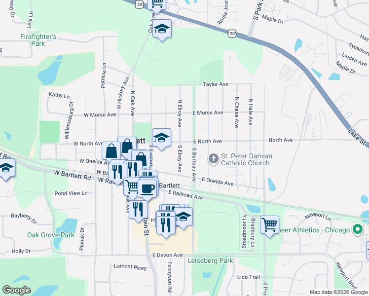 map of restaurants, bars, coffee shops, grocery stores, and more near 122 South Berteau Avenue in Bartlett