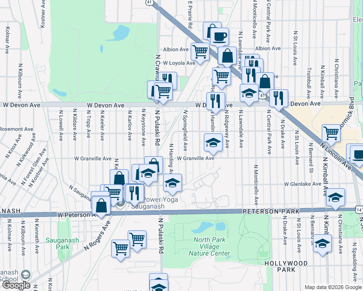 map of restaurants, bars, coffee shops, grocery stores, and more near 6207 North Harding Avenue in Chicago