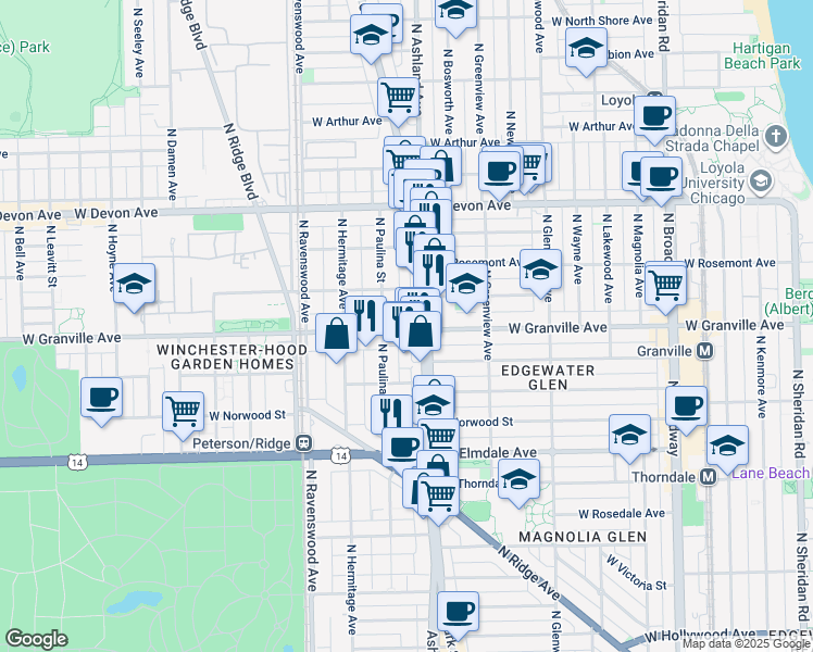 map of restaurants, bars, coffee shops, grocery stores, and more near 1618 West Granville Avenue in Chicago