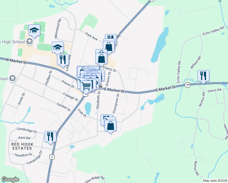 map of restaurants, bars, coffee shops, grocery stores, and more near 8 Thompson Street in Red Hook