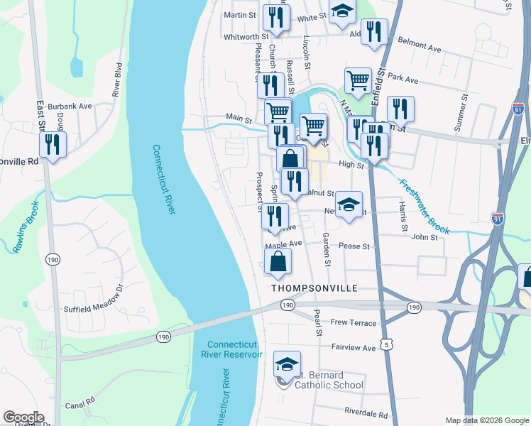 map of restaurants, bars, coffee shops, grocery stores, and more near 92 Prospect Street in Enfield