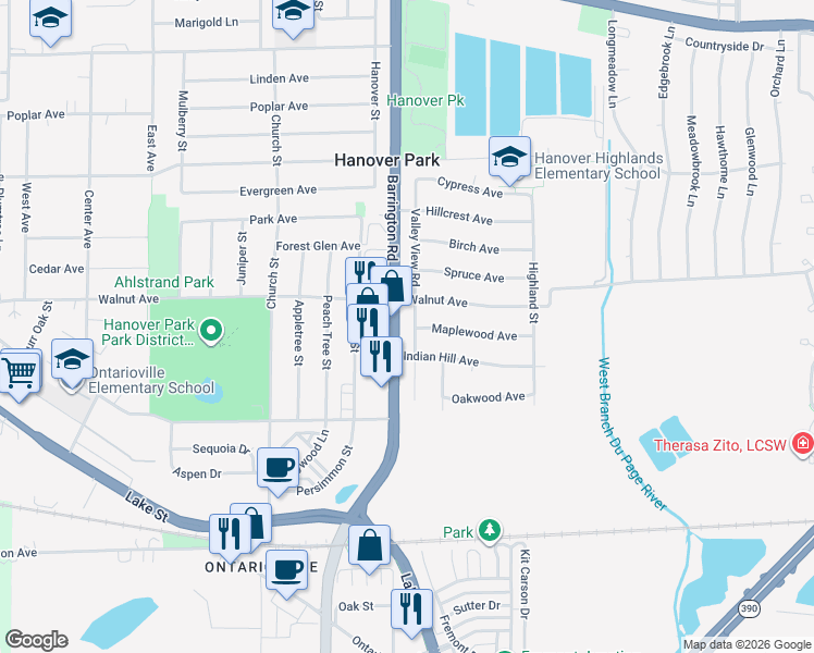 map of restaurants, bars, coffee shops, grocery stores, and more near 1593 Indian Hill Avenue in Hanover Park