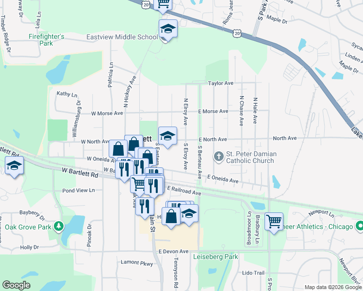 map of restaurants, bars, coffee shops, grocery stores, and more near 122 South Elroy Avenue in Bartlett