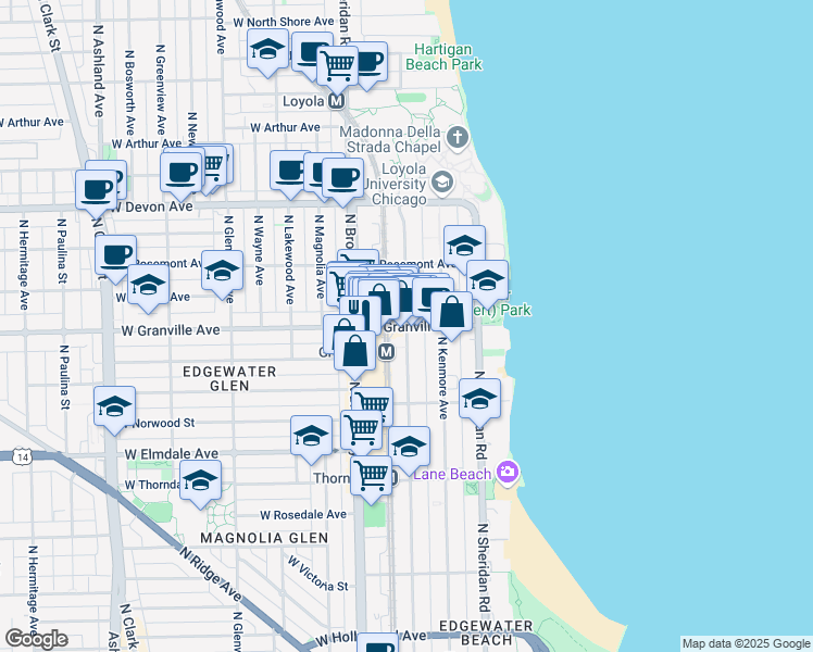map of restaurants, bars, coffee shops, grocery stores, and more near W Granville Ave & N Winthrop Ave in Chicago
