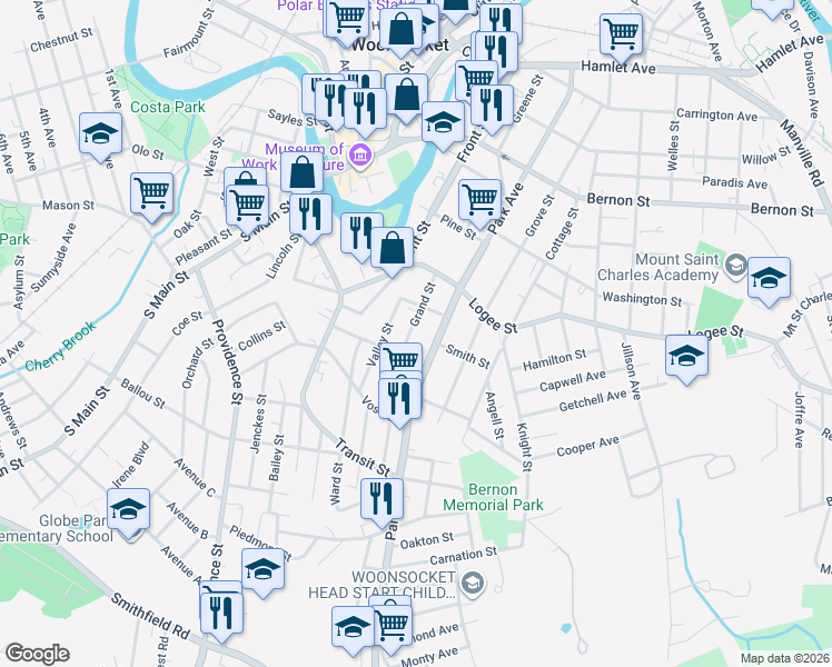 map of restaurants, bars, coffee shops, grocery stores, and more near 675 Park Avenue in Woonsocket