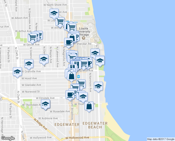 map of restaurants, bars, coffee shops, grocery stores, and more near 1051 W Granville Ave in Chicago