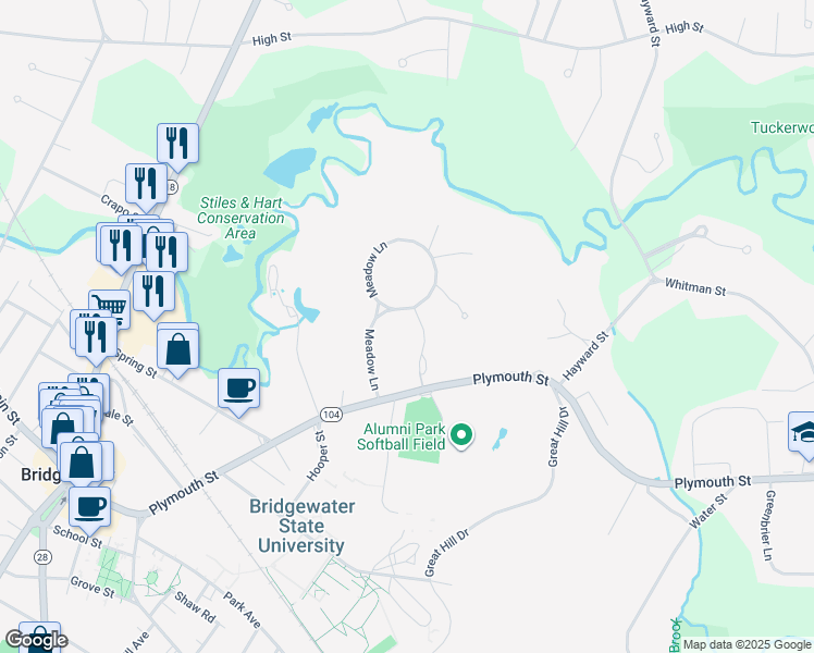 map of restaurants, bars, coffee shops, grocery stores, and more near 51 Meadow Lane in Bridgewater